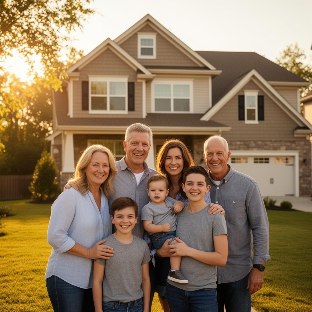 Happy family in front of their protected suburban home